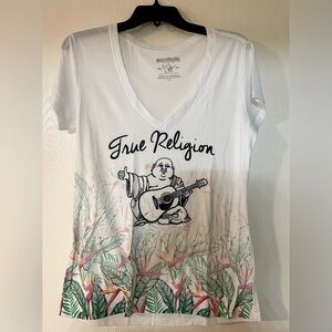 True Religion White Tee with Buddha and Floral Design